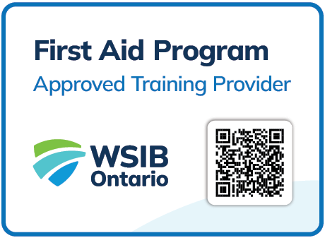 WSIB Ontario Approved First Aid Program Training Provider WSIB Ontario-approved First Aid Program training provider graphic with WSIB logo and QR code.