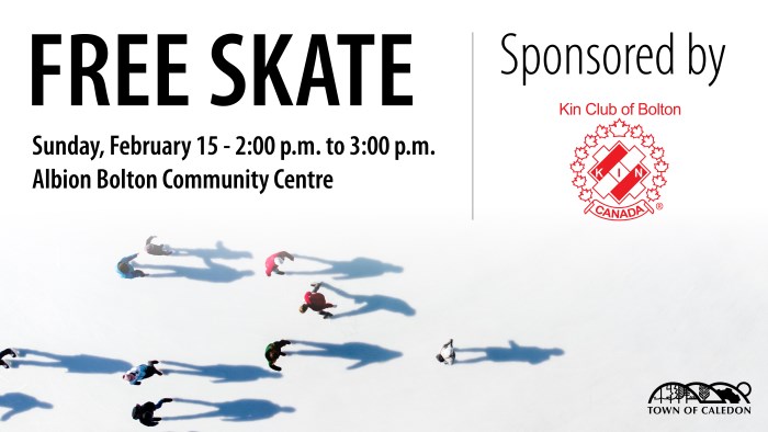 Free Skate on February 15 sponsored by the Kin Club of Bolton