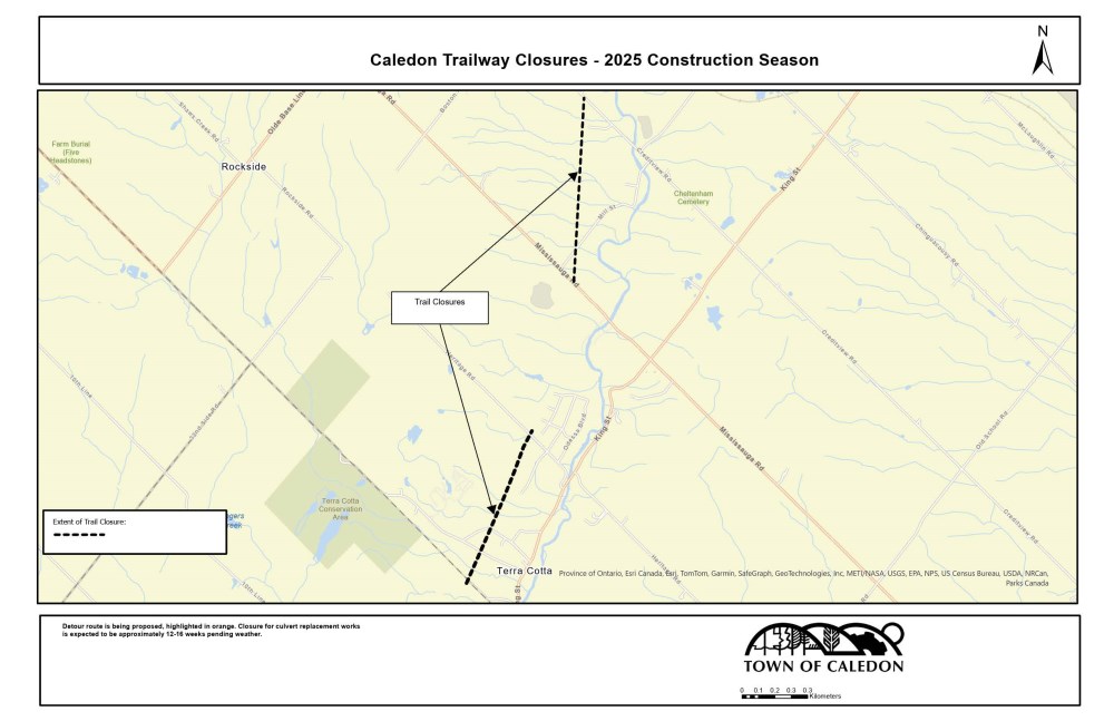Aerial map of Caledon Trailway Closures