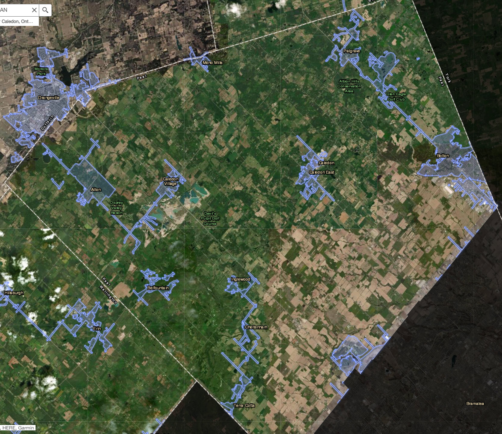 map of eligible funding areas in Caledon