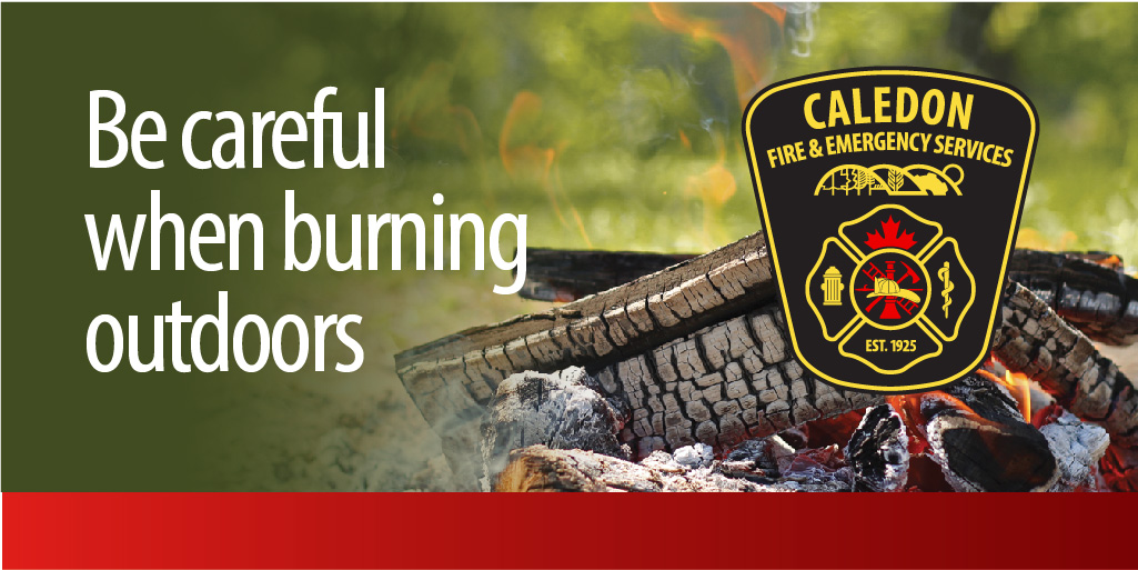A photo of a fire pit with the Caledon Fire and Emergency Services logo and text that reads