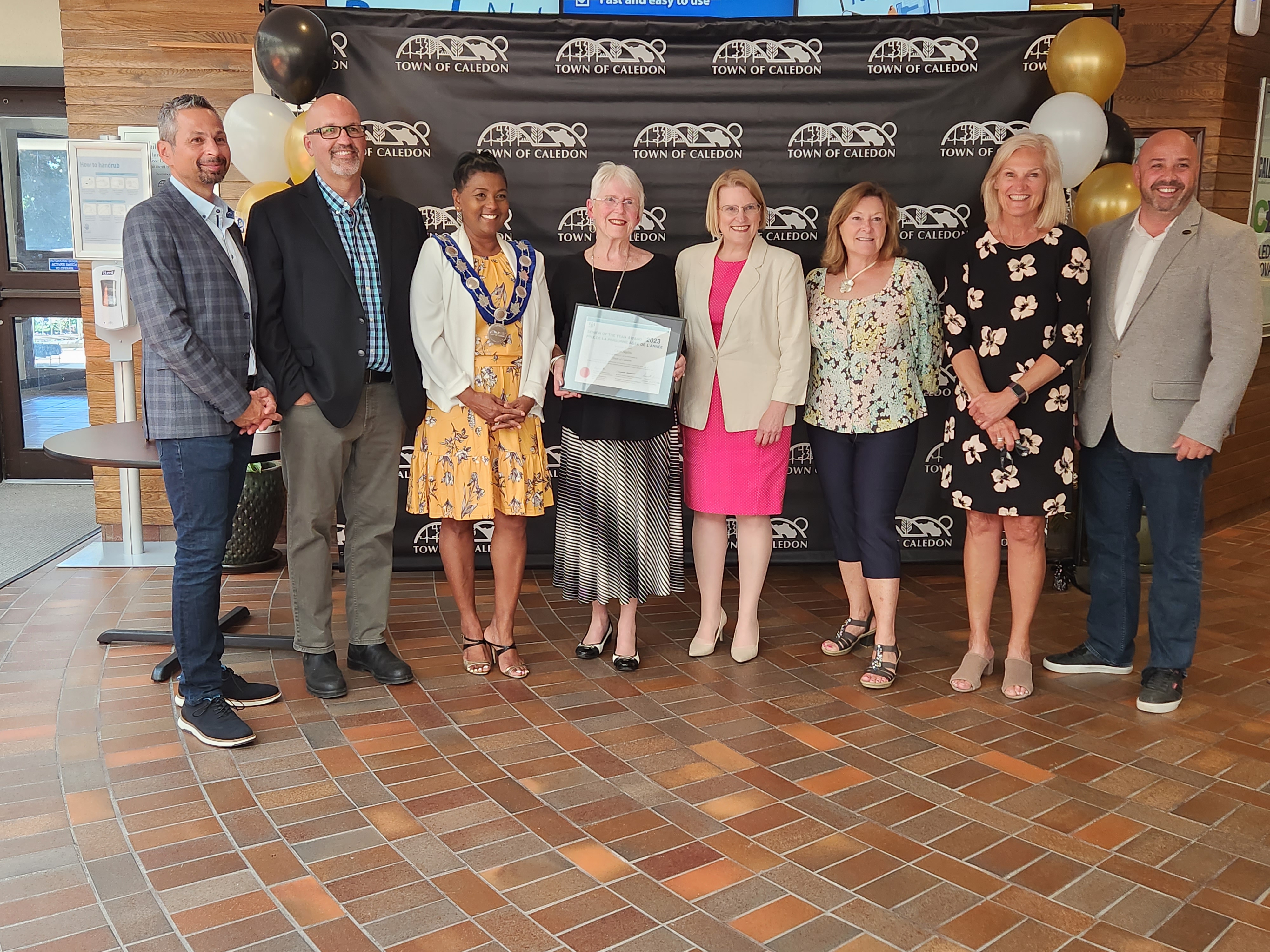Carol Seglins, 2023 Senior of the Year with Caledon Council Members and The Honourable Sylvia Jones, Member of Provincial Parliament for Dufferin-Caledon, Minster of Health and Deputy Premier