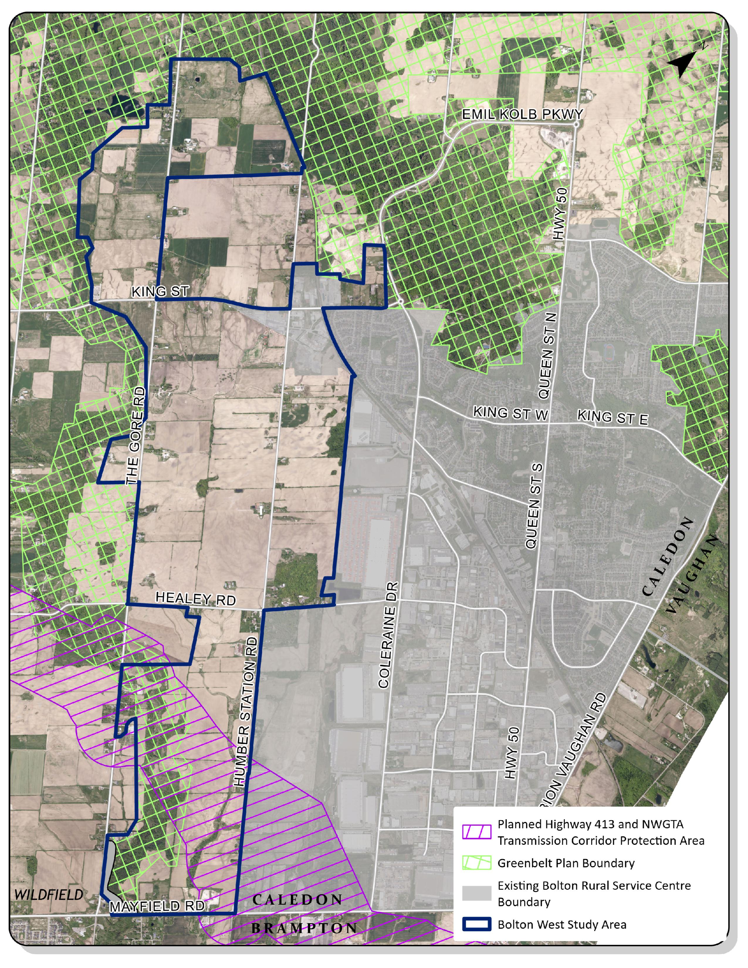 Aerial Map outline of Bolton West Secondary Plan for Subwatershed Study